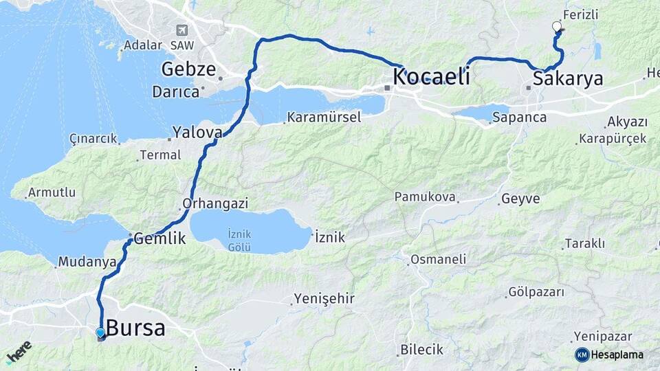 Bursa Söğütlü Sakarya Arası Kaç Km - Yol Haritası