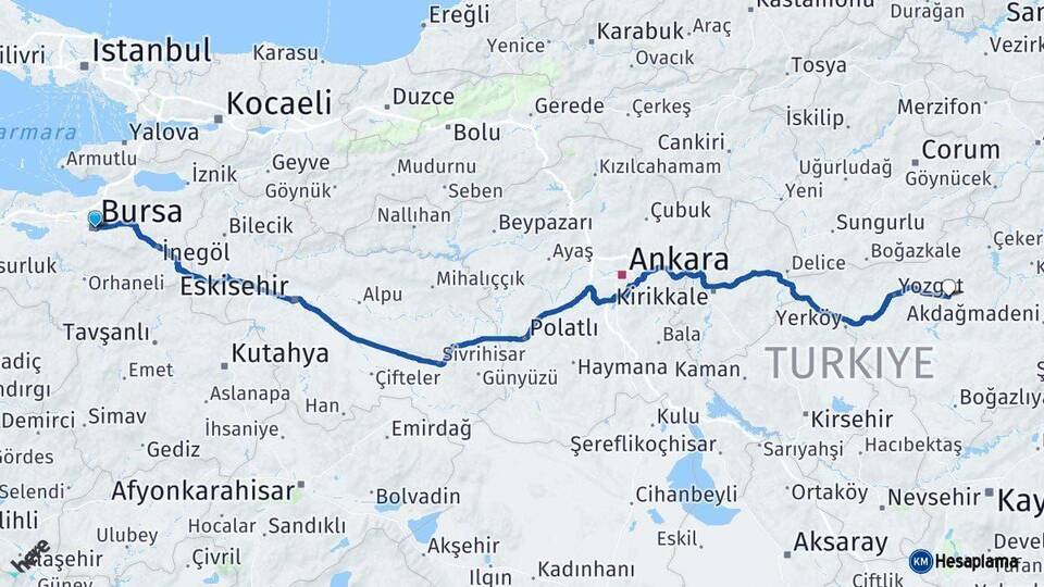 Bursa Sorgun Yozgat Arası Kaç Km - Yol Haritası