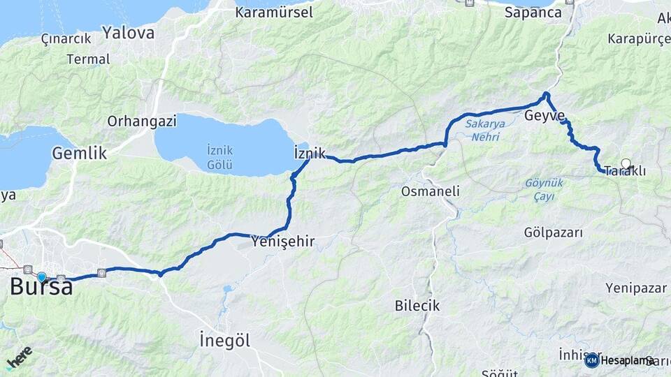 Bursa Taraklı Sakarya Arası Kaç Km - Yol Haritası