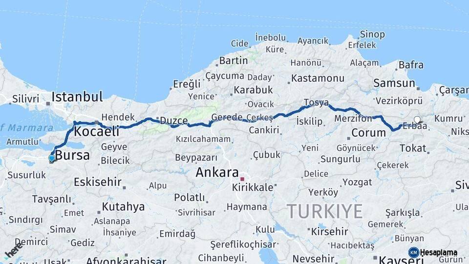 Bursa Taşova Amasya Arası Kaç Km - Yol Haritası
