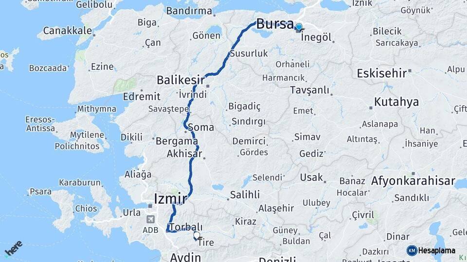 Bursa Tire İzmir Arası Kaç Km - Yol Haritası