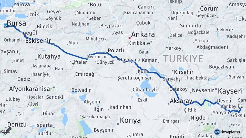 Bursa Tufanbeyli Adana Arası Kaç Km - Yol Haritası
