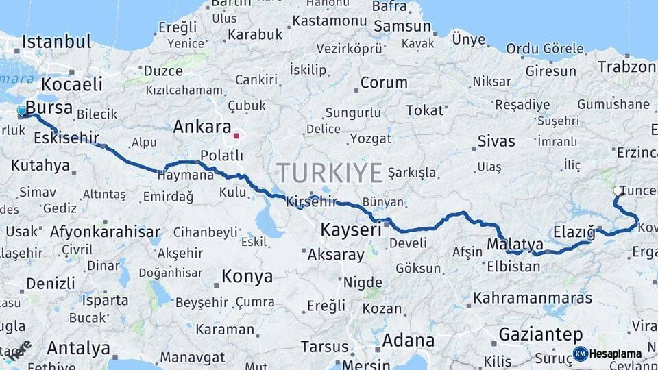 Bursa Tunceli Arası Kaç Km - Yol Haritası