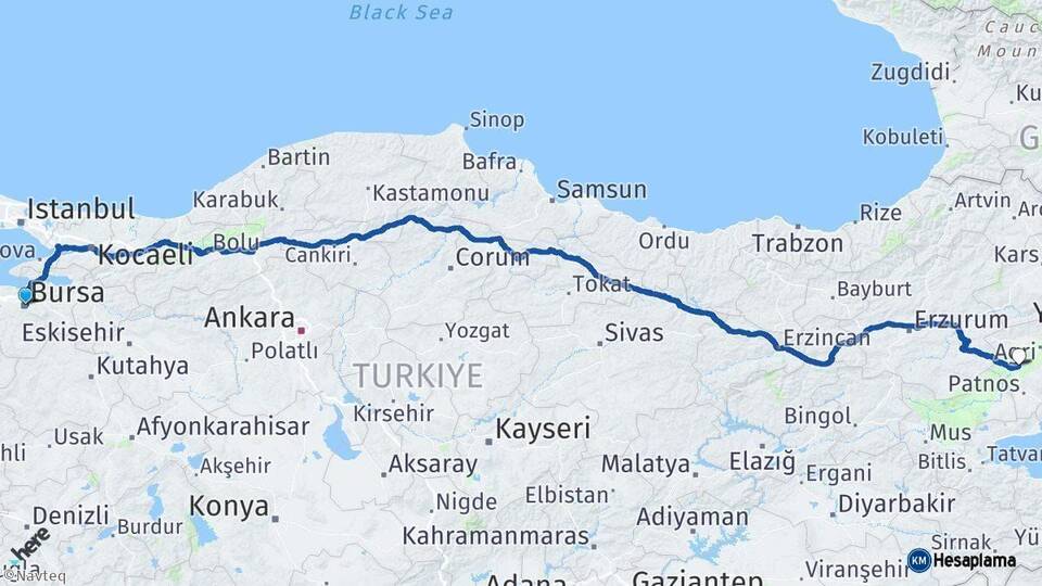Bursa Tutak Ağrı Arası Kaç Km - Yol Haritası