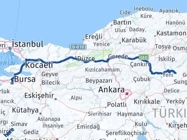 Bursa Uğurludağ Çorum Arası Kaç Km - Yol Haritası