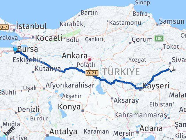 Bursa Ulaş Sivas Arası Kaç Km - Yol Haritası