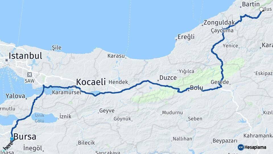 Bursa Ulus Bartın Arası Kaç Km - Yol Haritası