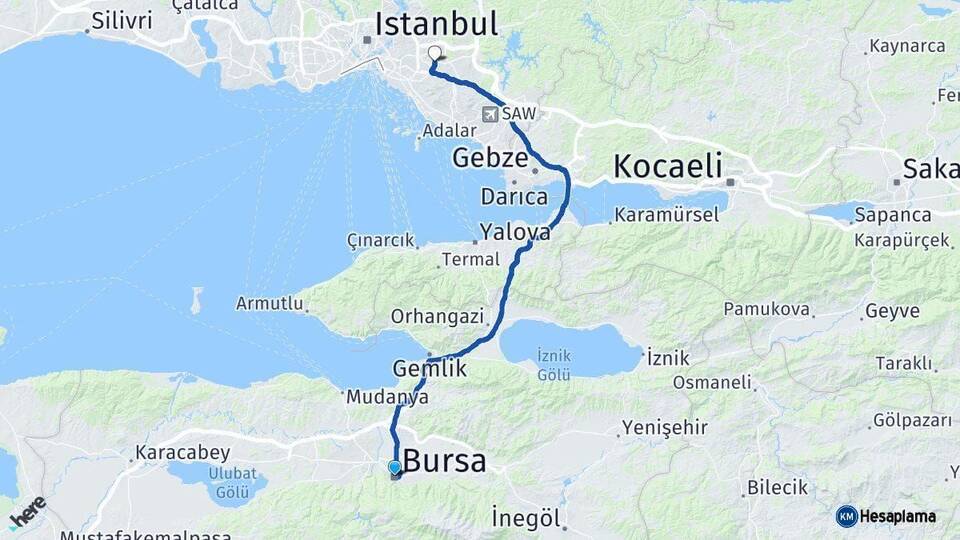 Bursa Ümraniye İstanbul Arası Kaç Km - Yol Haritası