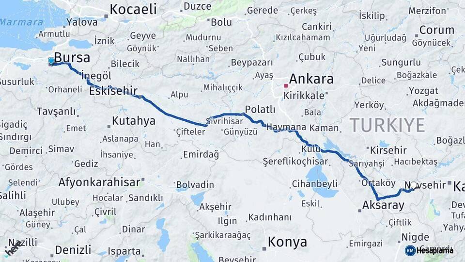 Bursa Ürgüp Nevşehir Arası Kaç Km - Yol Haritası