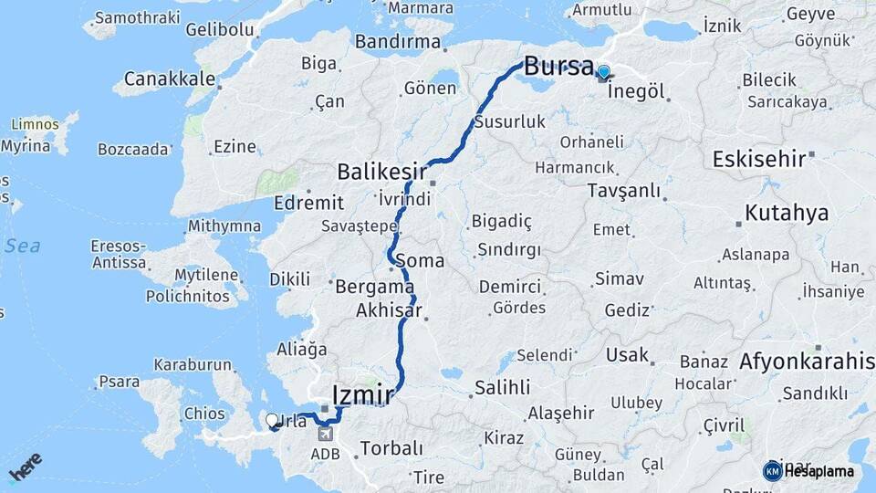Bursa Urla İzmir Arası Kaç Km - Yol Haritası
