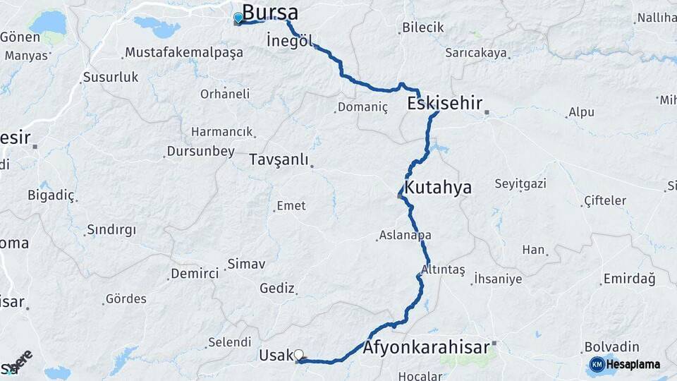 Bursa Uşak Arası Kaç Km - Yol Haritası