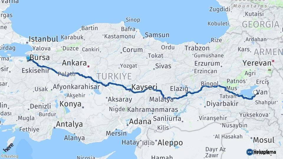 Bursa Van Arası Kaç Km - Yol Haritası