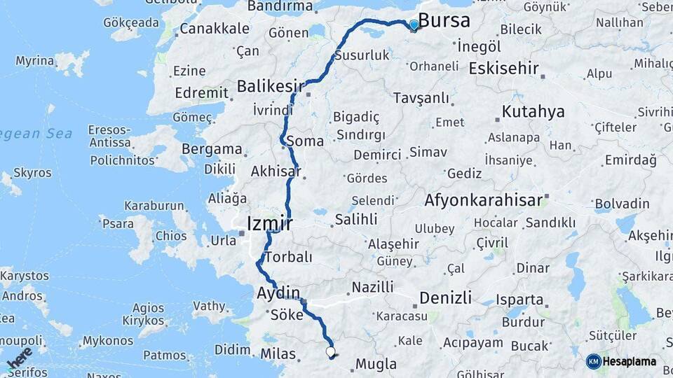 Bursa Yatağan Muğla Arası Kaç Km - Yol Haritası