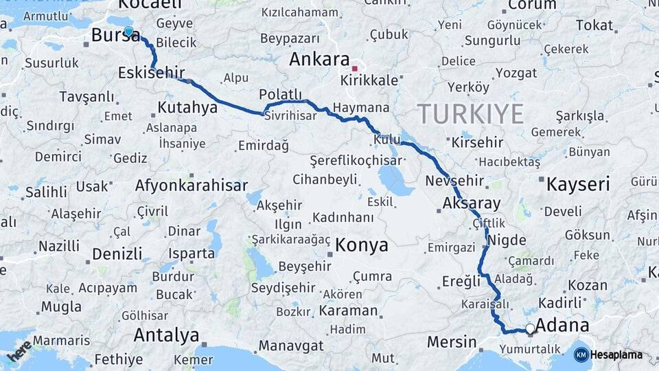 Bursa Yenişehir Adana Arası Kaç Km - Yol Haritası