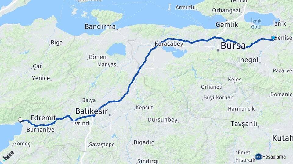 Bursa Yenişehir Akçay Edremit Balıkesir Arası Kaç Km - Yol Haritası
