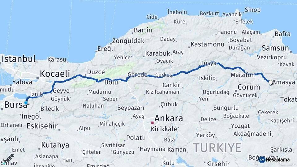 Bursa Yenişehir Amasya Arası Kaç Km - Yol Haritası