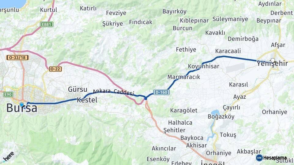 Bursa Yenişehir Arası Kaç Km - Yol Haritası