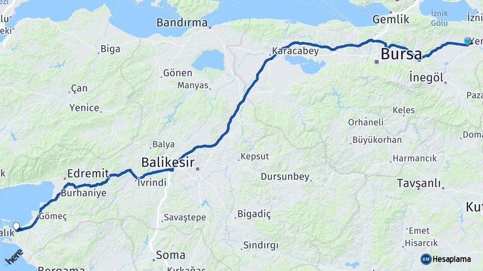 Bursa Yenişehir Ayvalık Balıkesir Arası Kaç Km - Yol Haritası