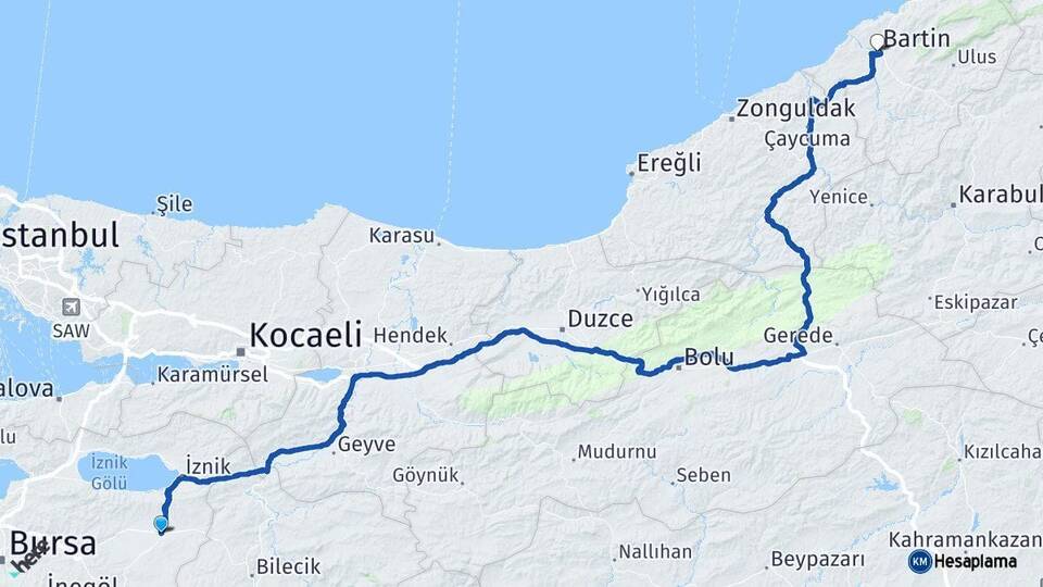 Bursa Yenişehir Bartın Arası Kaç Km - Yol Haritası