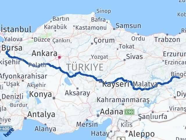 Bursa Yenişehir Bingöl Arası Kaç Km - Yol Haritası