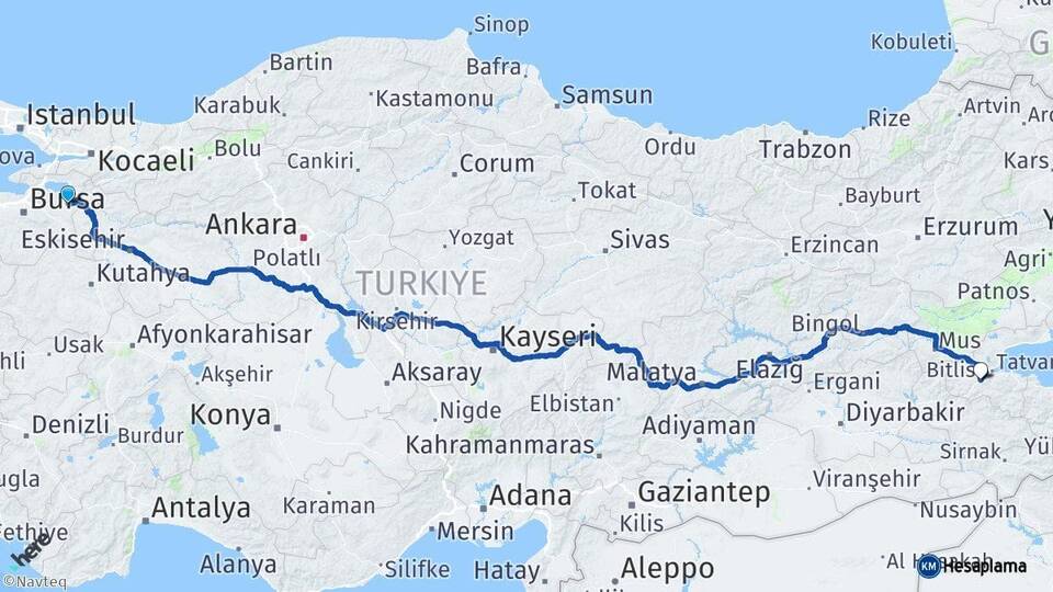 Bursa Yenişehir Bitlis Arası Kaç Km - Yol Haritası