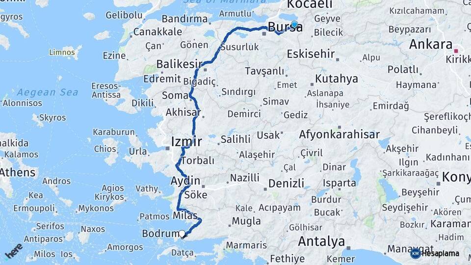 Bursa Yenişehir Bodrum Muğla Arası Kaç Km - Yol Haritası