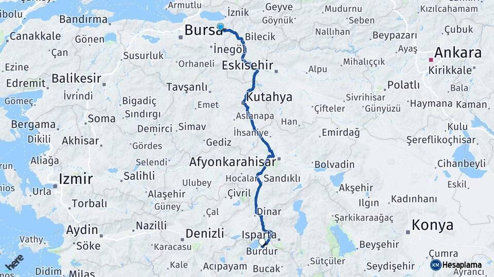 Bursa Yenişehir Burdur Arası Kaç Km - Yol Haritası