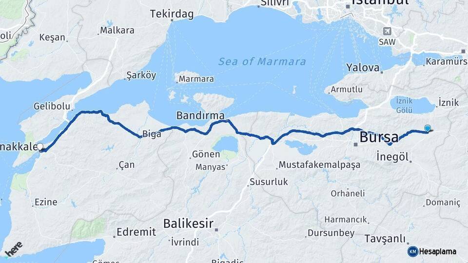 Bursa Yenişehir Çanakkale Arası Kaç Km - Yol Haritası