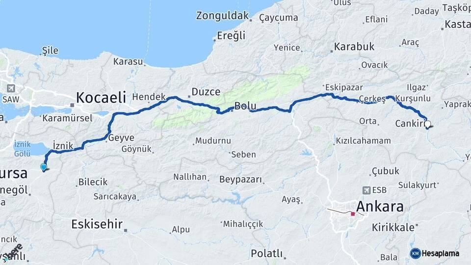 Bursa Yenişehir Çankırı Arası Kaç Km - Yol Haritası