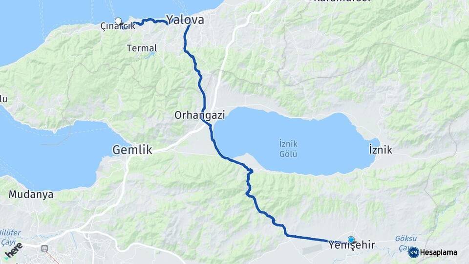 Bursa Yenişehir Çınarcık Yalova Arası Kaç Km - Yol Haritası