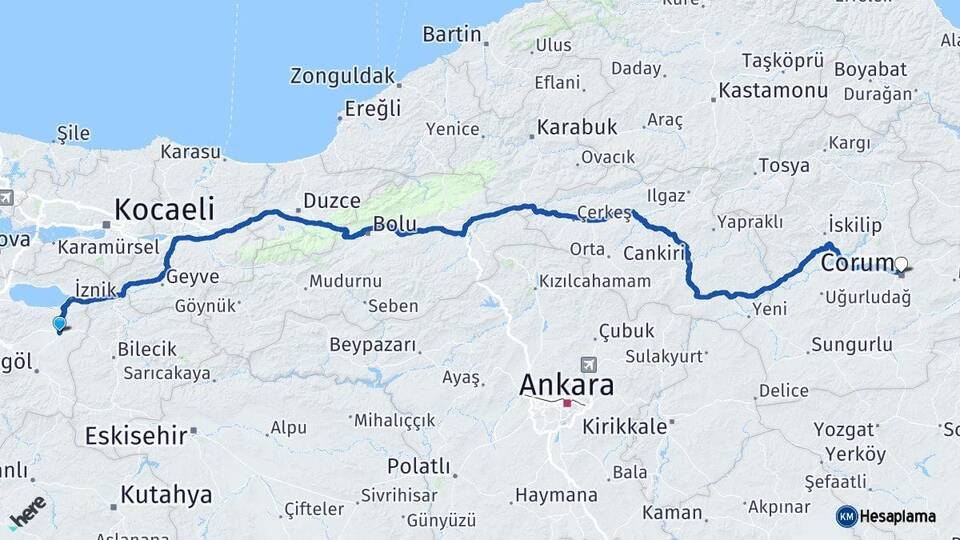Bursa Yenişehir Çorum Arası Kaç Km - Yol Haritası