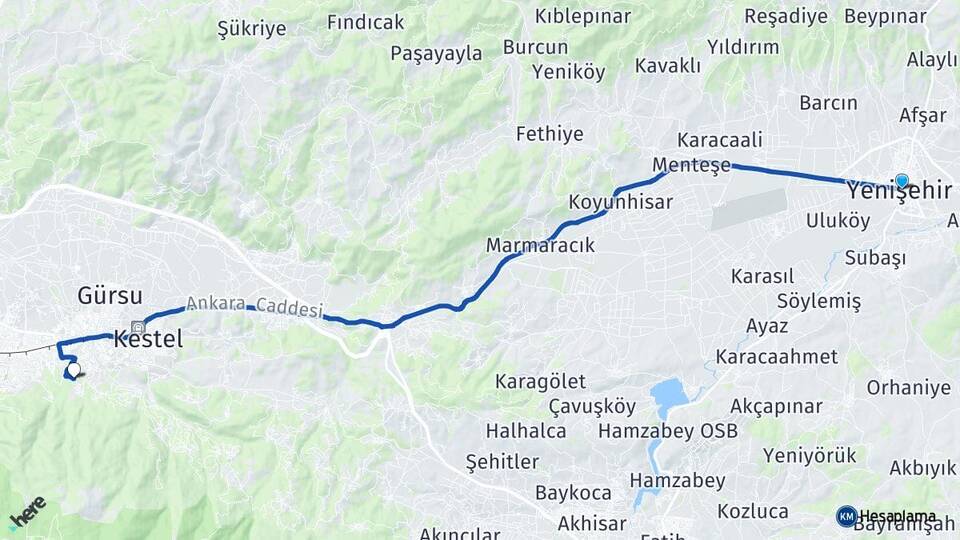 Bursa Yenişehir Cumalıkızık Yıldırım Arası Kaç Km - Yol Haritası