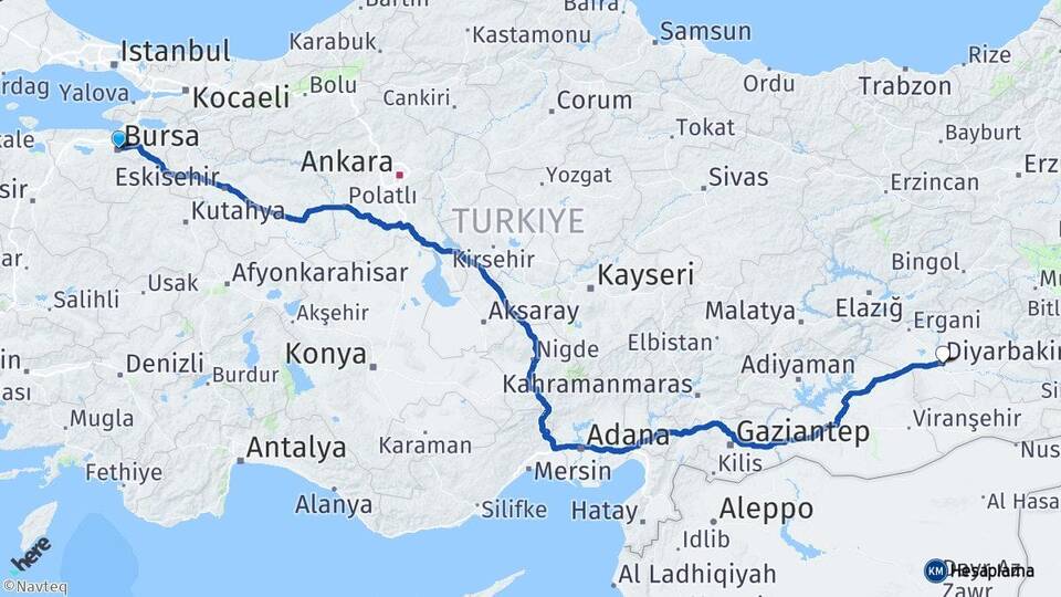 Bursa Yenişehir Diyarbakır Arası Kaç Km - Yol Haritası