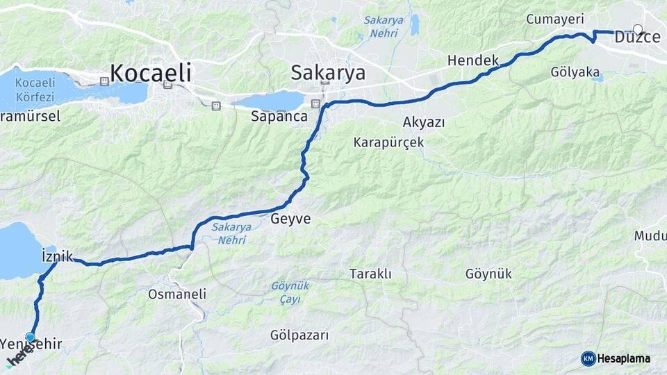 Bursa Yenişehir Düzce Arası Kaç Km - Yol Haritası