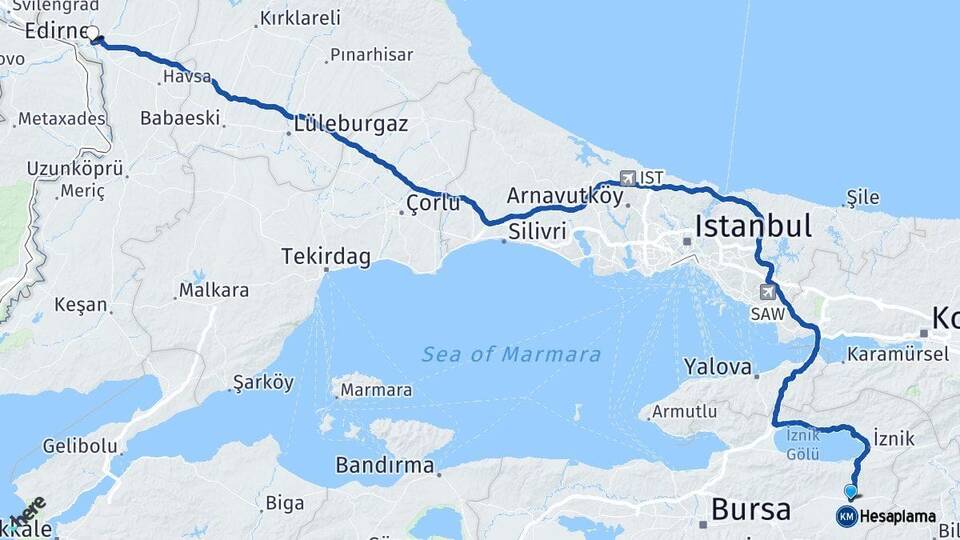 Bursa Yenişehir Edirne Arası Kaç Km - Yol Haritası