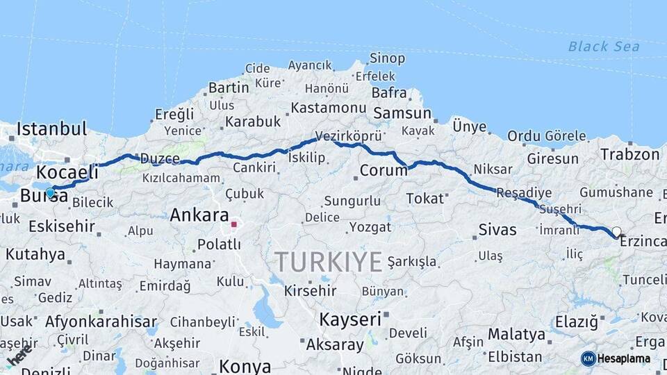Bursa Yenişehir Erzincan Arası Kaç Km - Yol Haritası