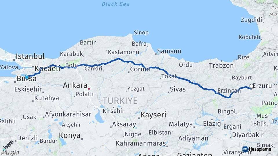 Bursa Yenişehir Erzurum Arası Kaç Km - Yol Haritası