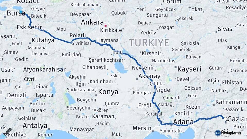 Bursa Yenişehir Gaziantep Arası Kaç Km - Yol Haritası