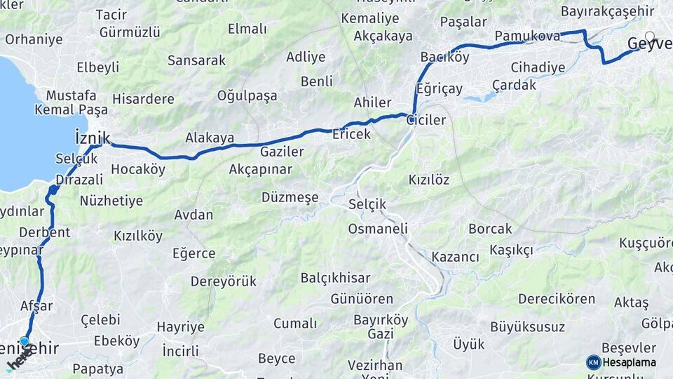 Bursa Yenişehir Geyve Sakarya Arası Kaç Km - Yol Haritası