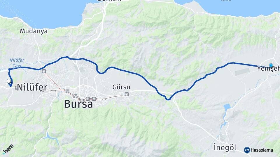 Bursa Yenişehir Görükle Nilüfer Arası Kaç Km - Yol Haritası