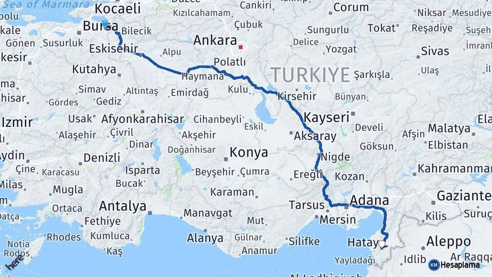 Bursa Yenişehir Hatay Arası Kaç Km - Yol Haritası