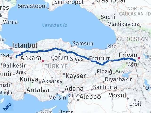 Bursa Yenişehir Iğdır Arası Kaç Km - Yol Haritası