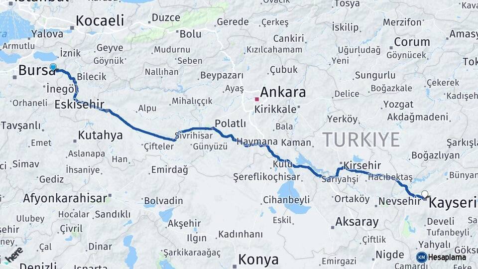 Bursa Yenişehir Kayseri Arası Kaç Km - Yol Haritası
