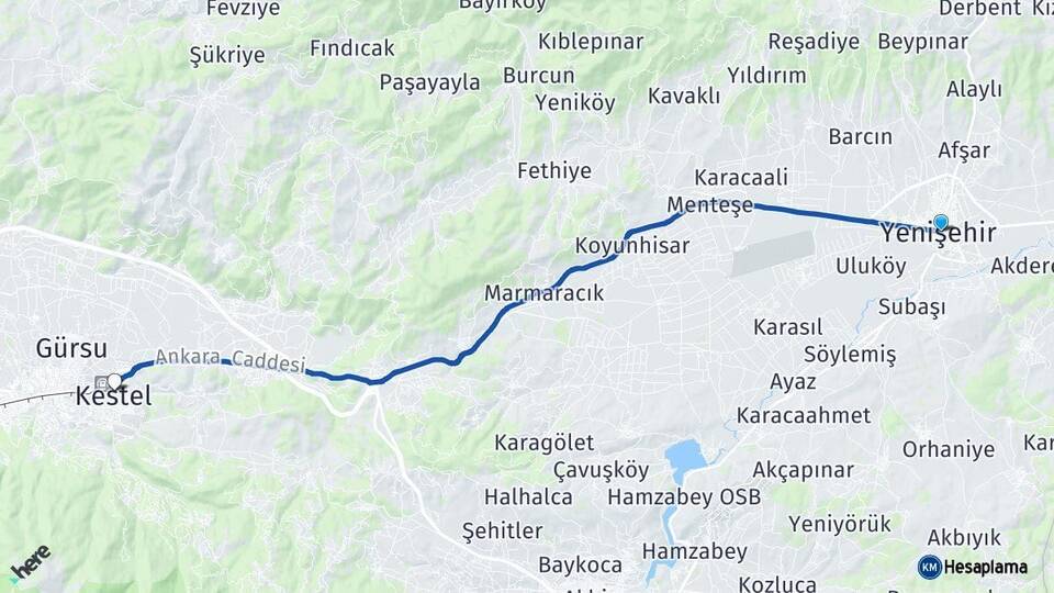 Bursa Yenişehir Kestel Arası Kaç Km - Yol Haritası