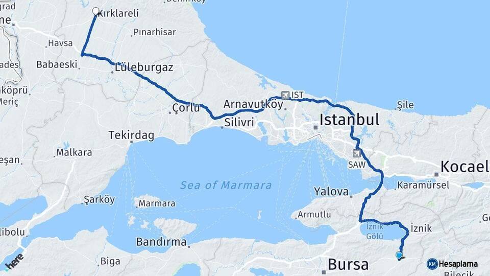 Bursa Yenişehir Kırklareli Arası Kaç Km - Yol Haritası