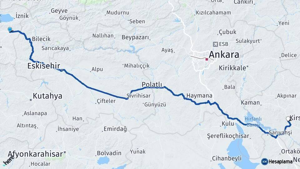 Bursa Yenişehir Kırşehir Arası Kaç Km - Yol Haritası