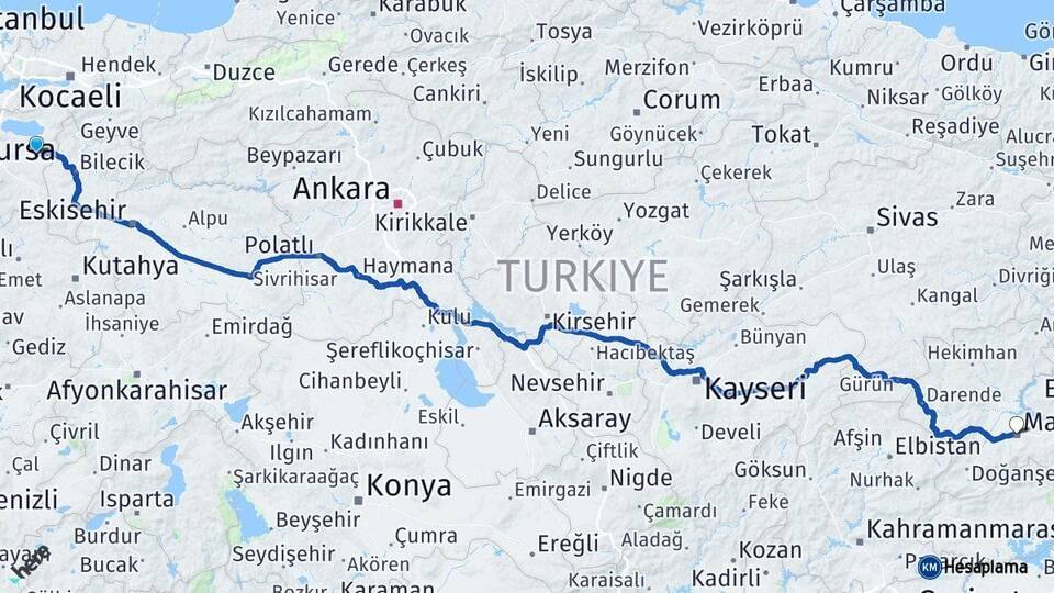 Bursa Yenişehir Malatya Arası Kaç Km - Yol Haritası