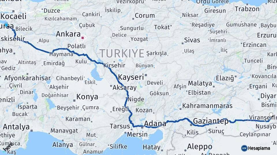 Bursa Yenişehir Mardin Arası Kaç Km - Yol Haritası