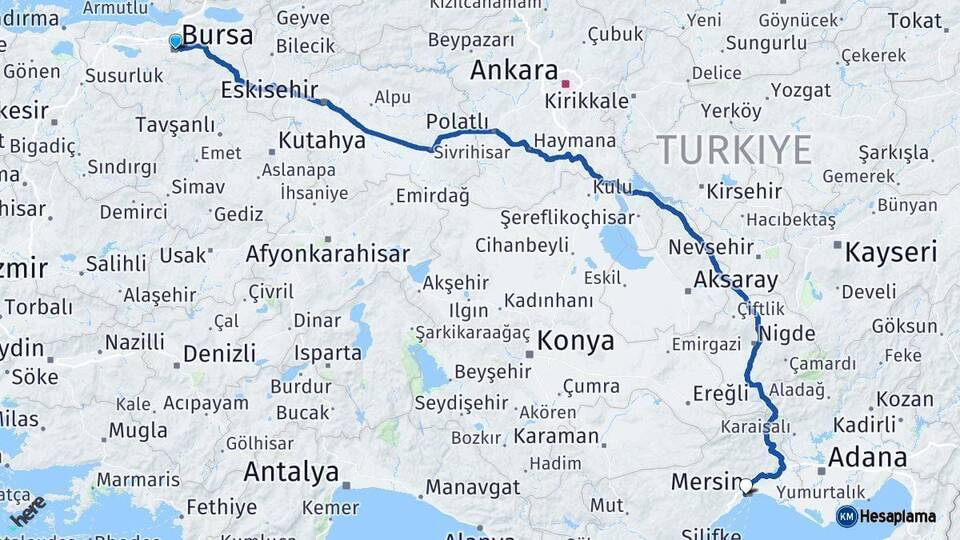Bursa Yenişehir Mersin Arası Kaç Km - Yol Haritası