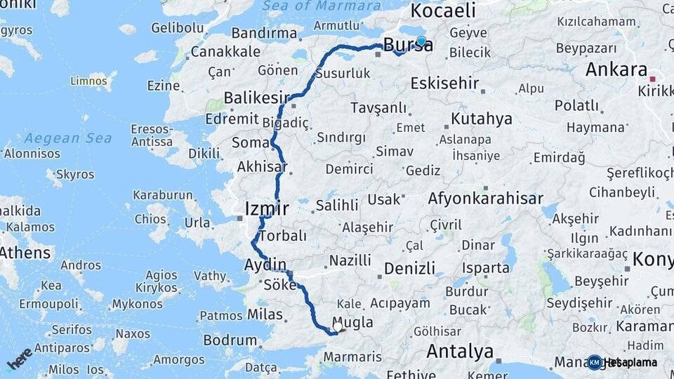 Bursa Yenişehir Muğla Arası Kaç Km - Yol Haritası